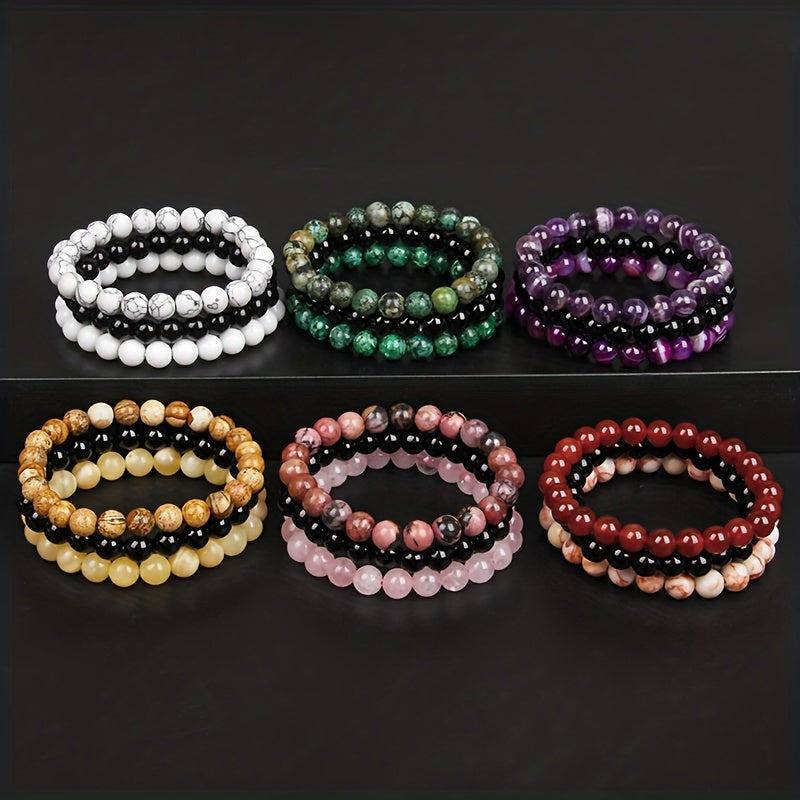 3pcs 8mm Natural Stone Beads Men's & Women's Bracelet: Rose Quartz & Agate Combination
