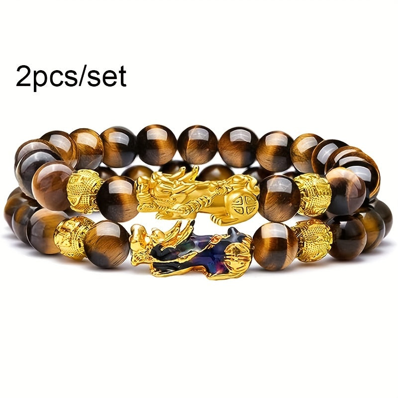2pcs Good Luck Bracelets, Natural Tiger Eye Stone Pixiu Charm Bracelet, For Men