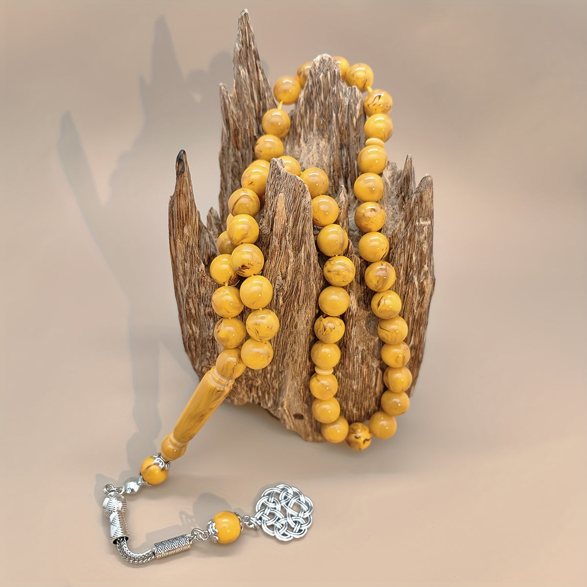 Vintage Style Resin Amber-Look 45 Bead Tasbih Prayer Beads Bracelet for Men - Traditional Islamic Misbaha Rosary with Decorative Tassel