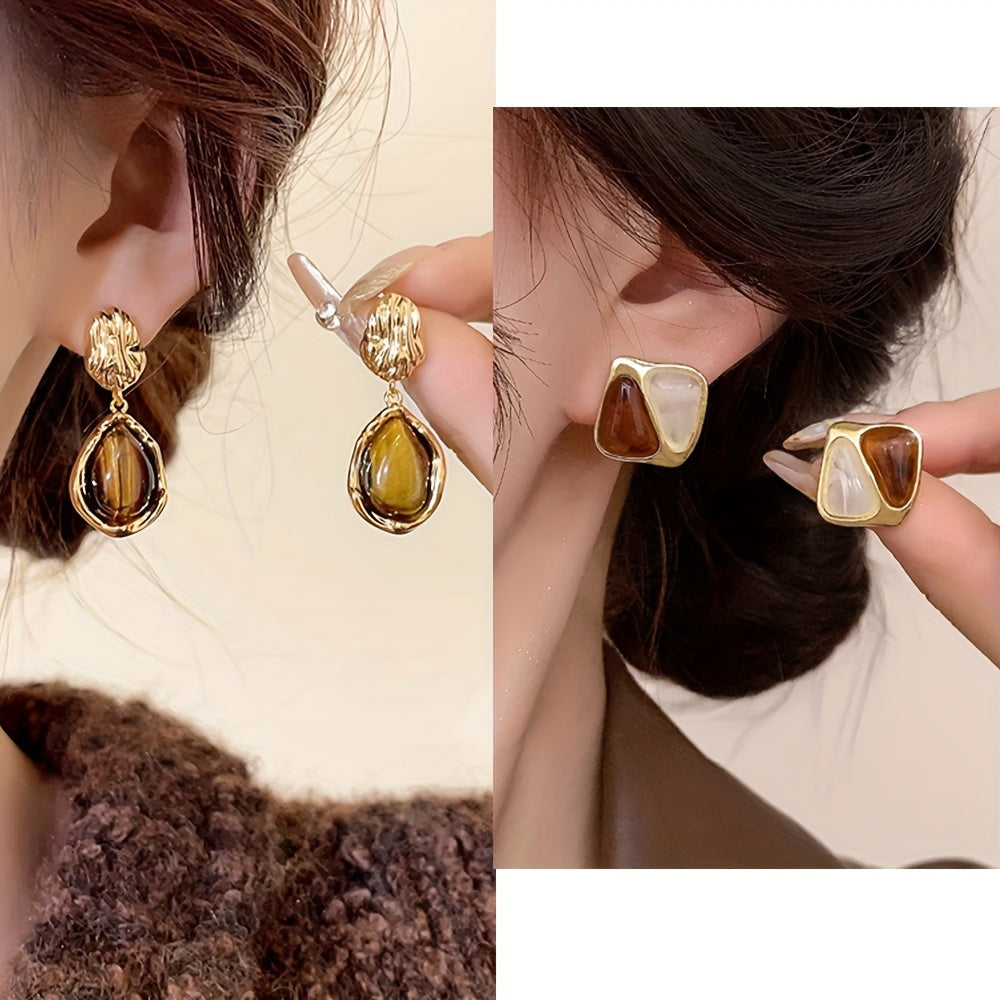 12 Pairs Amber Faux Cat Eye Stone Earrings, Ear Hooks, French Fashion Autumn And Winter Earrings, Banquet Bridesmaid Wedding Earrings, Good Gifts For Chirstmas, Wedding Anniversary Date