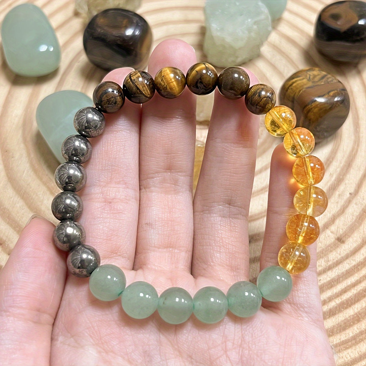 Wealth bracelet handmade by artisans, 8mm natural tiger eye stone, green aventurine, pyrite, citrine bracelet for women and men fashion jewelry accessories gift for friends encouragement