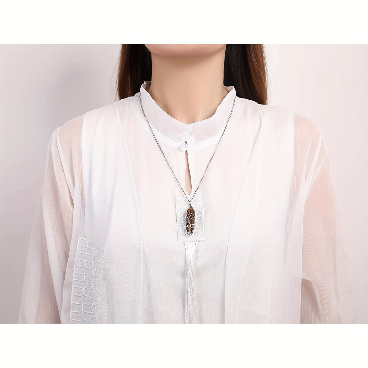 1pc Tree Of Life Wire Wrapped Crystal Point Pendant Necklace, Reiki Healing Crystal Stone Necklaces, Natural Hexagonal Gemstone Quartz Jewelry For Women