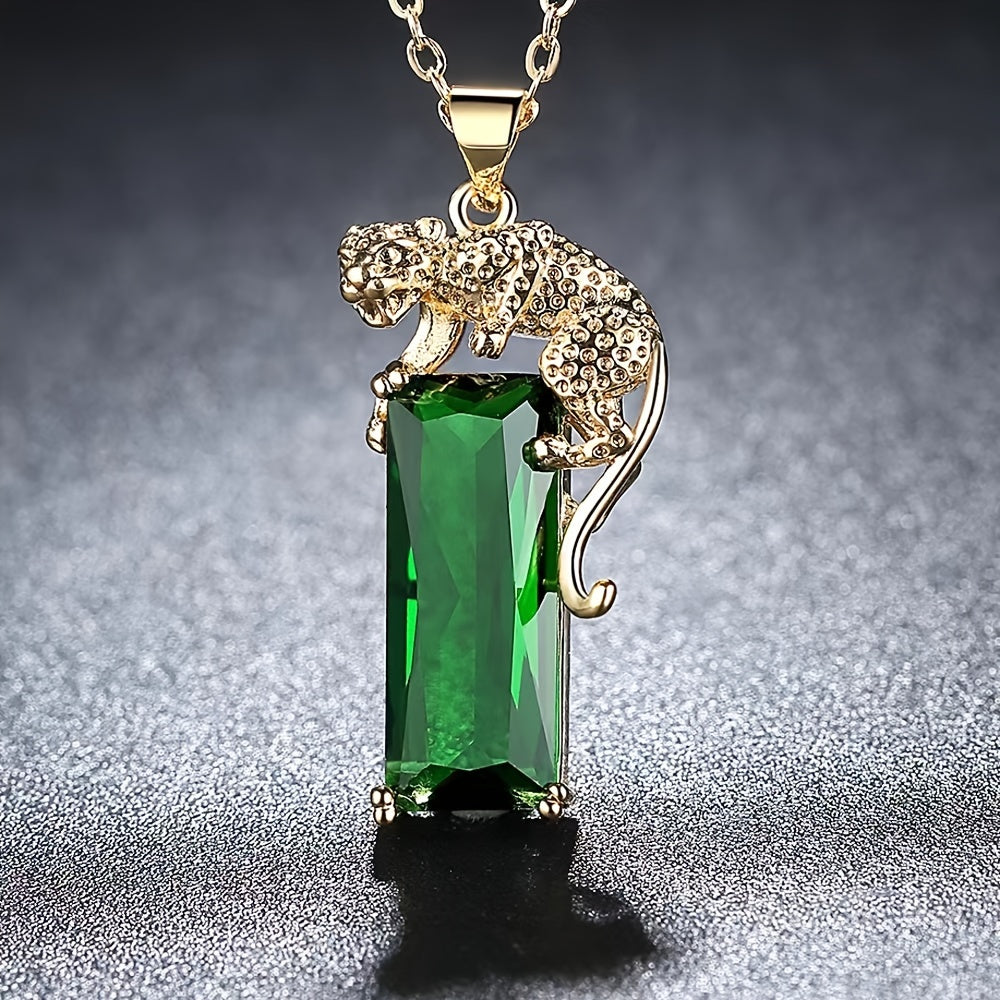 Elegant Leopard Emerald Rectangular Zircon Decor Necklace Earrings Bracelet Set Luxury Jewelry Set For Banquet And Wedding Wearing