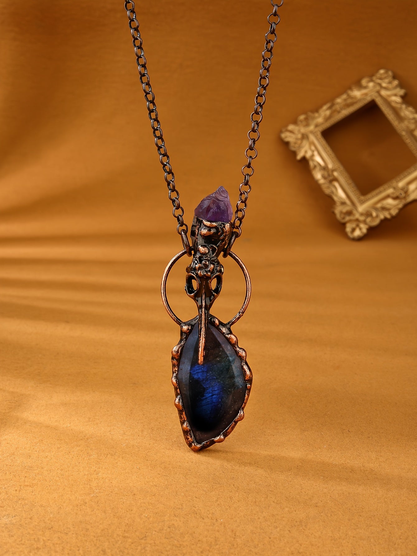 Natural Labradorite & Crow's Head Amethyst Raw Stone Pendant Necklace For Ladies Party Gifts