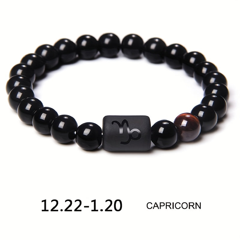 1pc Unisex 12 Constellation Signs Beads Bracelet, Black Stone Elastic Bracelet, Couples Bracelet, Charm Bracelet For Women Men Birthday Gift, Leo, Taurus, Capricorn, Libra Bracelet