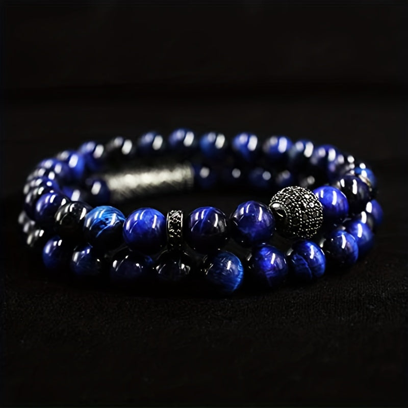 2pcs/set Trendy 8mm Tiger Eye Stone Round Beads Elastic Yoga Bracelet For Men, Holiday Birthday Gift For Boyfriends, Father's Day Gift