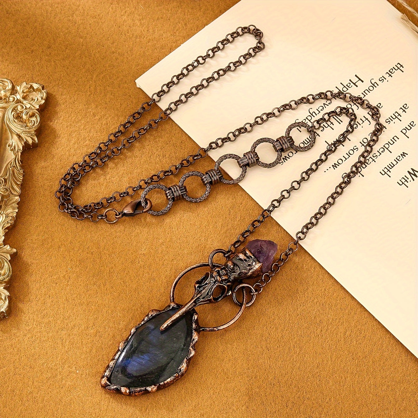 Natural Labradorite & Crow's Head Amethyst Raw Stone Pendant Necklace For Ladies Party Gifts