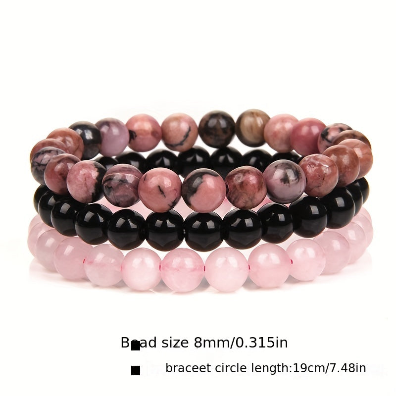 3pcs 8mm Natural Stone Beads Men's & Women's Bracelet: Rose Quartz & Agate Combination
