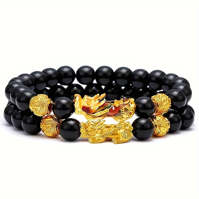 2pcs Good Luck Bracelets, Natural Tiger Eye Stone Pixiu Charm Bracelet, For Men