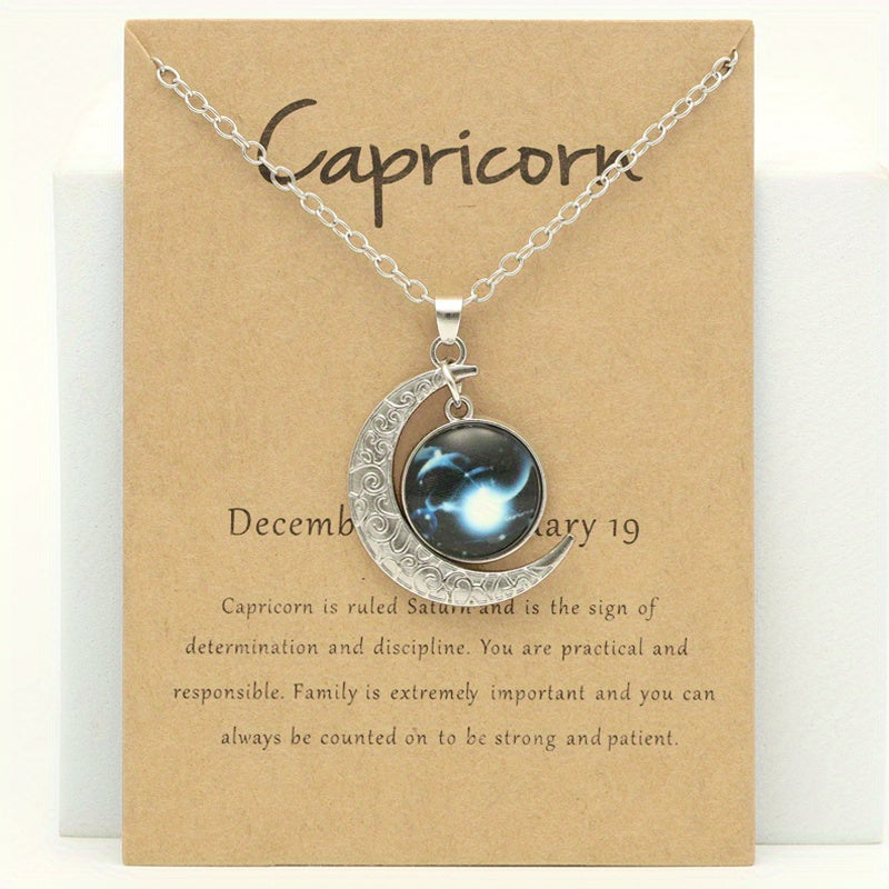 Cross-border New Luminous 12 Zodiac Necklace Retro Moon Pendant Card Short Necklace, father's day gift