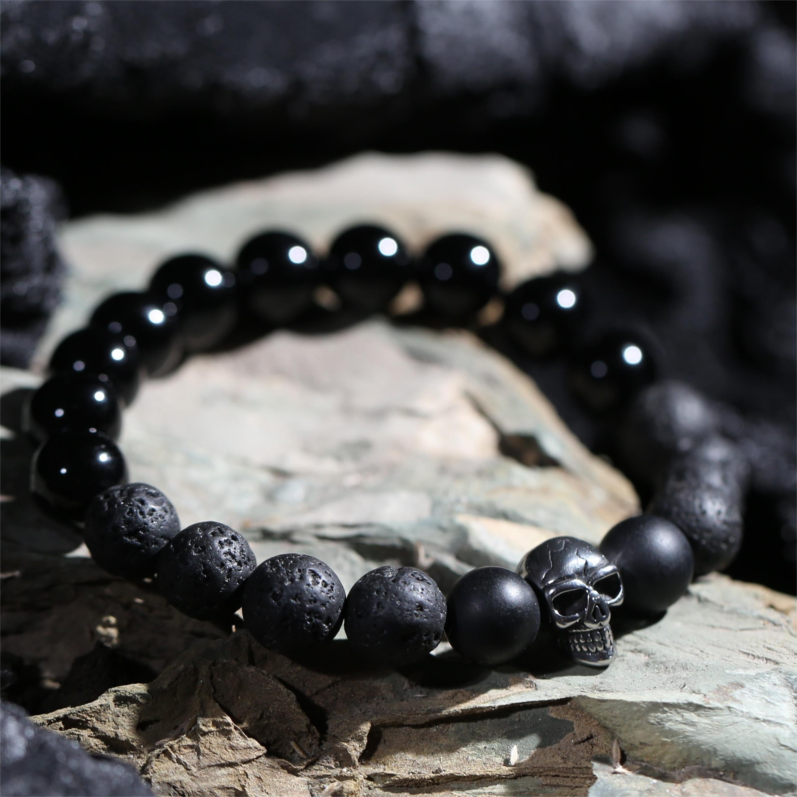 100% Handmade, Natural Black Agate Volcanic Stone Skull Bracelet, Available in Golden/Silver/Black, 10mm Beads, With Gift Box, Your Unisex Jewelry, Punk Style, Perfect Gift for Him/Her, Suitable for Anniversaries/Valentine's