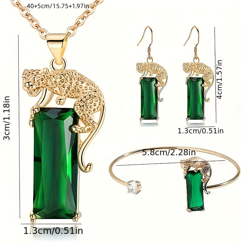 Elegant Leopard Emerald Rectangular Zircon Decor Necklace Earrings Bracelet Set Luxury Jewelry Set For Banquet And Wedding Wearing