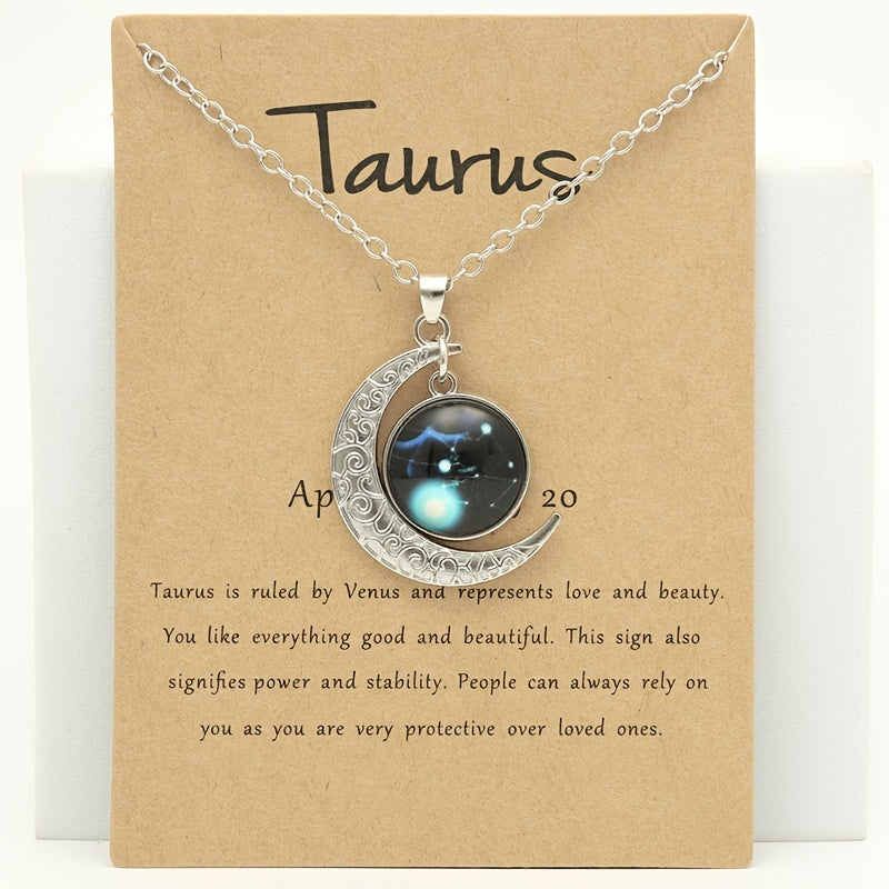 Cross-border New Luminous 12 Zodiac Necklace Retro Moon Pendant Card Short Necklace, father's day gift
