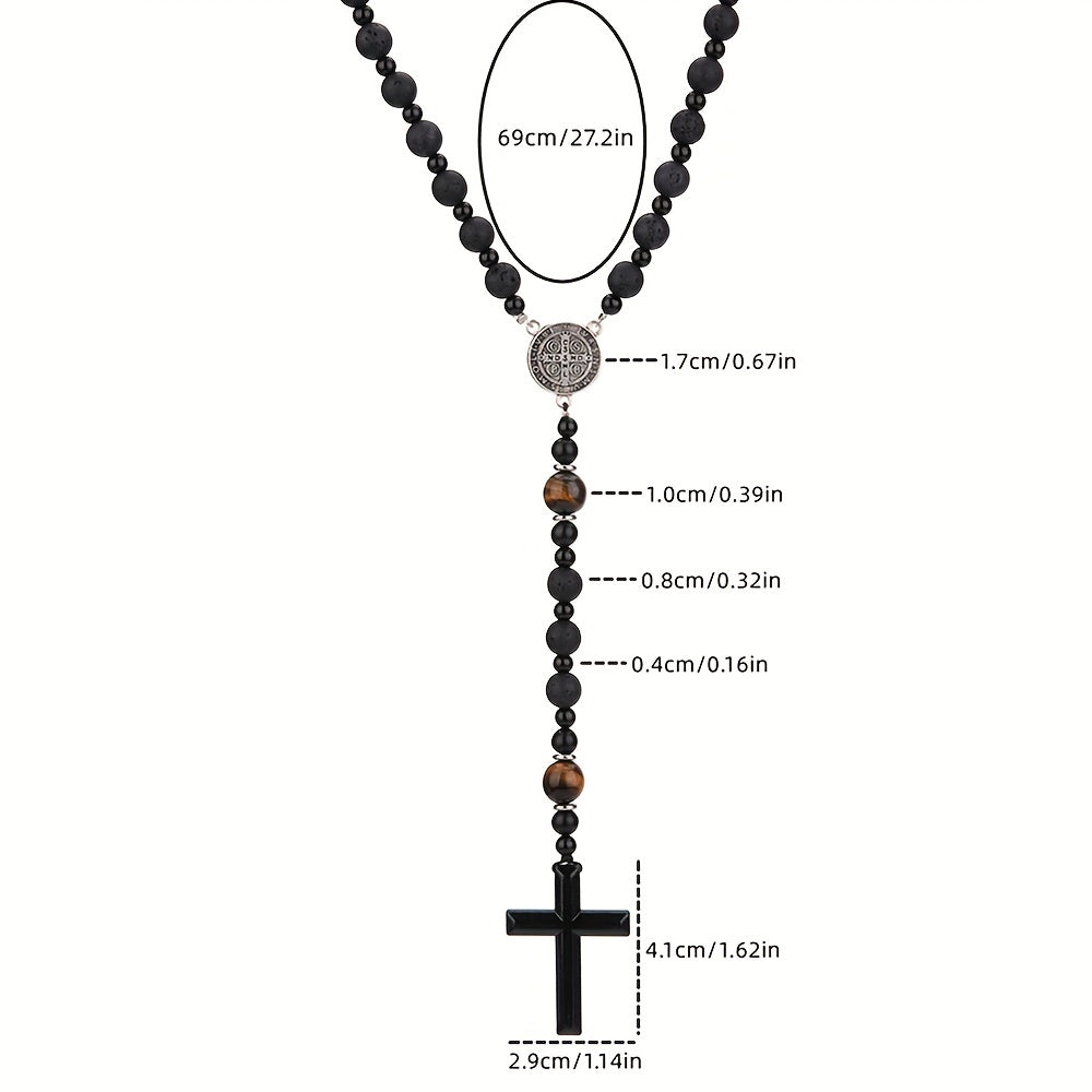 1pc Natural Volcanic Rock Black Agate & Tiger Eye Tag Cross Pendant Rosary Necklace for Men & Women