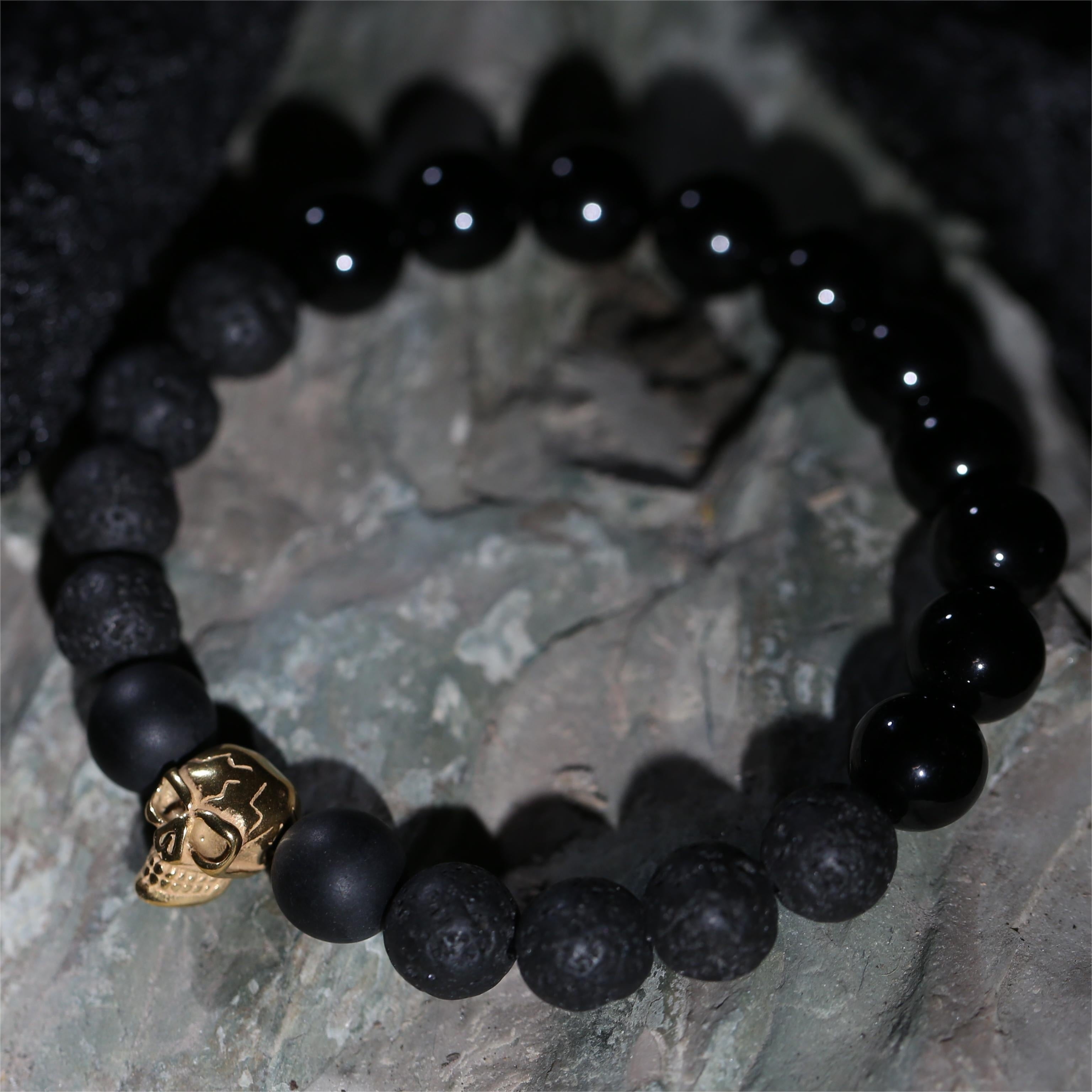 100% Handmade, Natural Black Agate Volcanic Stone Skull Bracelet, Available in Golden/Silver/Black, 10mm Beads, With Gift Box, Your Unisex Jewelry, Punk Style, Perfect Gift for Him/Her, Suitable for Anniversaries/Valentine's