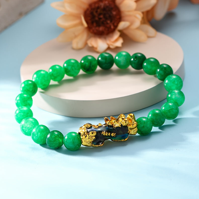 1pc Golden Pixiu Bracelet for Wealth and Luck - Unisex Malachite Stone Beads Wristband with Blessing Amulet and Jade Beads - Perfect Gift for Men and Women