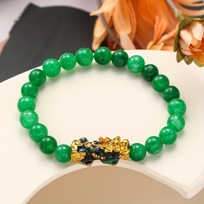 1pc Golden Pixiu Bracelet for Wealth and Luck - Unisex Malachite Stone Beads Wristband with Blessing Amulet and Jade Beads - Perfect Gift for Men and Women