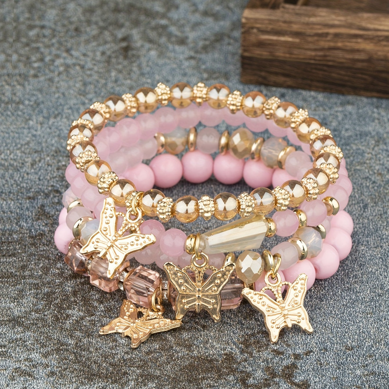 4pcs Bohemian Butterfly Charm Bracelet Set for Women - Pink and Golden Beaded, Multi-Layer Elastic Fashion Jewelry with Charms, Ideal for Vacation & Daily Wear