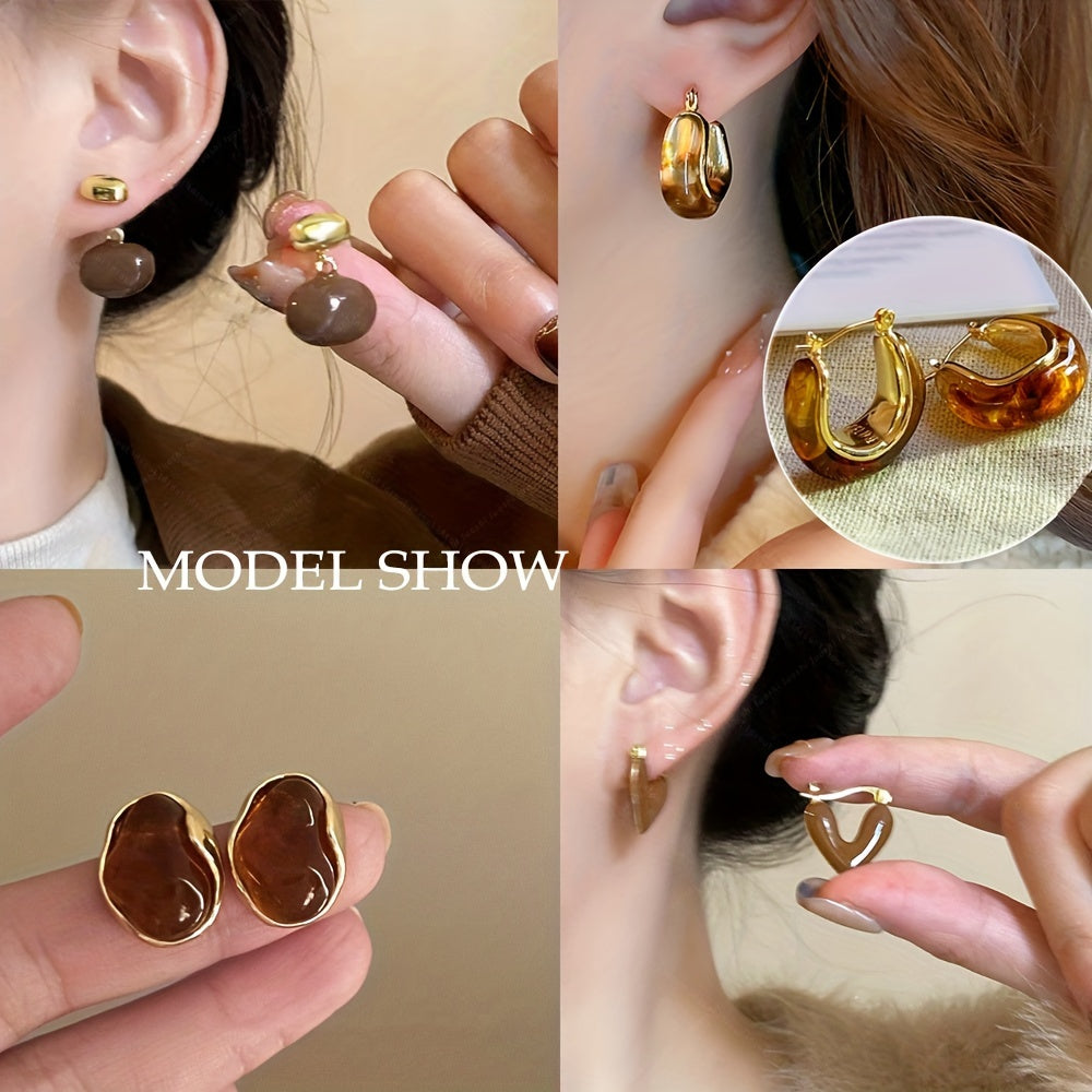 12 Pairs Amber Faux Cat Eye Stone Earrings, Ear Hooks, French Fashion Autumn And Winter Earrings, Banquet Bridesmaid Wedding Earrings, Good Gifts For Chirstmas, Wedding Anniversary Date