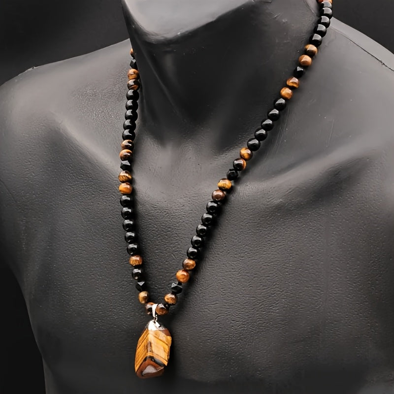 Men's 8mm Tiger Eye Stone Pendant Necklace - Adjustable Black Agate Beaded Long Chain, Unique Christmas Gift Idea