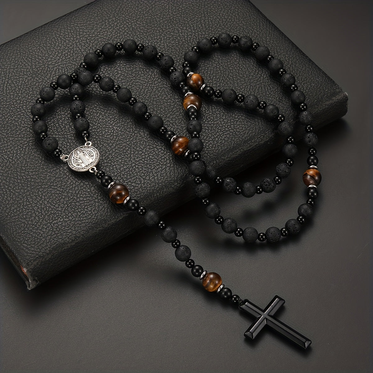 1pc Natural Volcanic Rock Black Agate & Tiger Eye Tag Cross Pendant Rosary Necklace for Men & Women