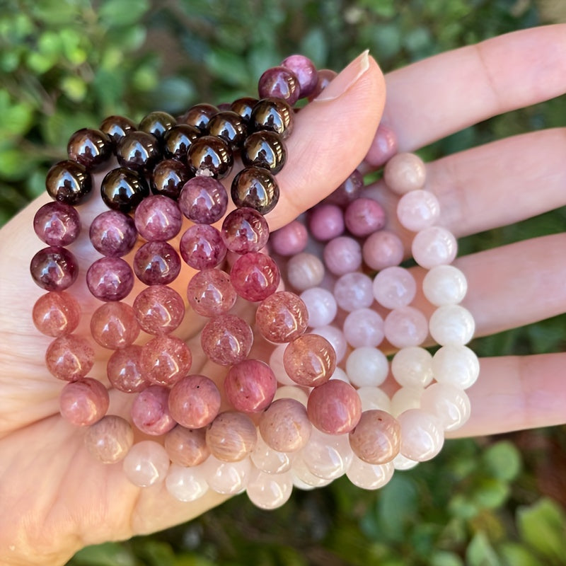 Exquisite Rose Quartz, Rhodonite, and Moonstone Gemstone Triple Wrap Bracelet for Women - Handcrafted Jewelry Gift for Her, Anniversary, Birthday, or Mother's Day - Adjustable, Comfortable, and Stylish Accessory