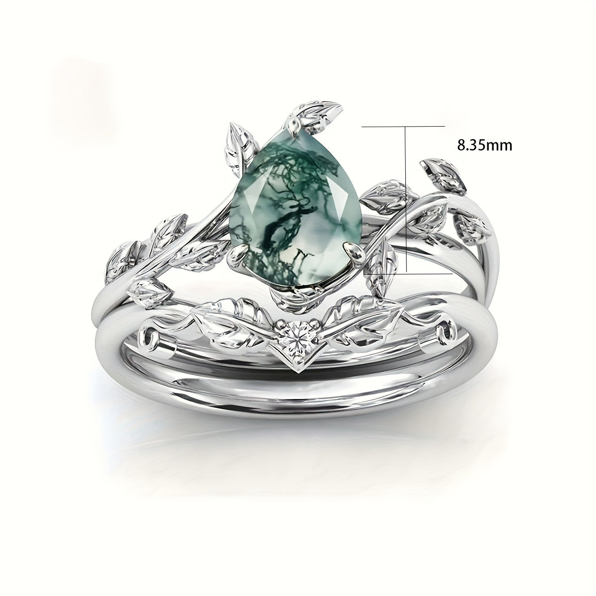 Elegant Moss Agate Promise Ring Set - 925 Sterling Silver, Natural Stone, Silver-Plated, Women's Engagement Wedding Jewelry with Unique Boho Design, Durable Construction, and Timeless Style