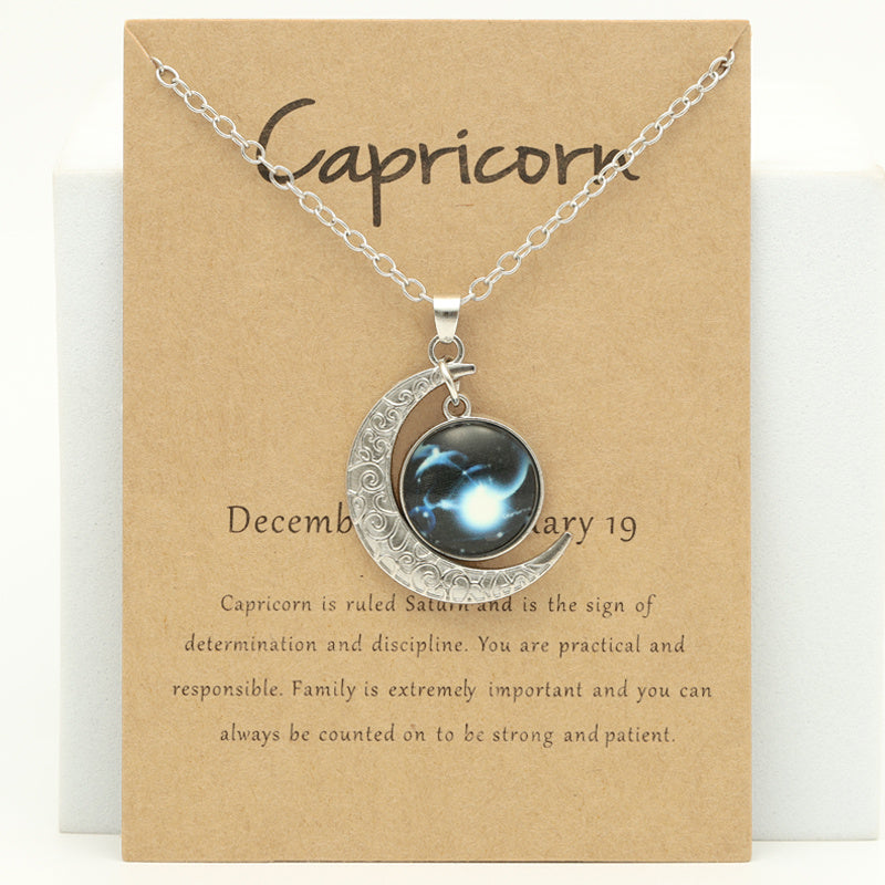 Cross-border New Luminous 12 Zodiac Necklace Retro Moon Pendant Card Short Necklace, father's day gift