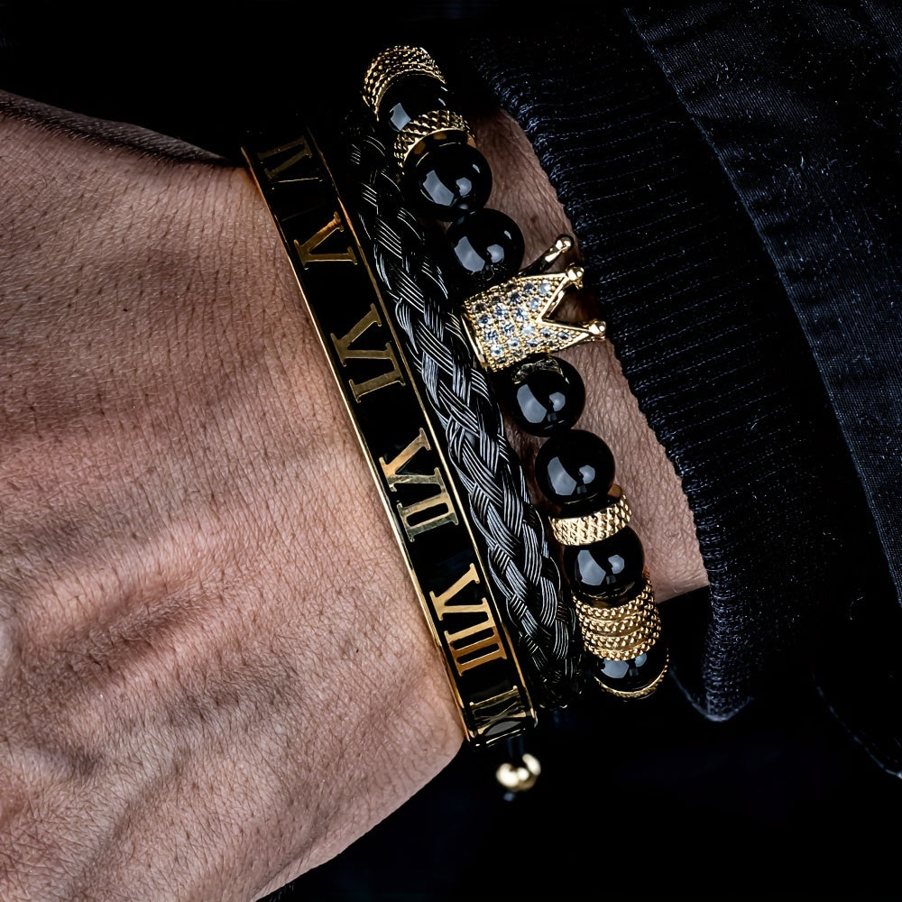 3pcs Roman Royal Crown Charm Men Bracelet, Stainless Steel Tiger's Eye Stone Geometry Open Adjustable Bracelets Couple Jewelry