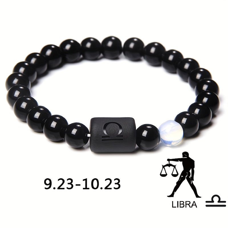 1pc Unisex 12 Constellation Signs Beads Bracelet, Black Stone Elastic Bracelet, Couples Bracelet, Charm Bracelet For Women Men Birthday Gift, Leo, Taurus, Capricorn, Libra Bracelet
