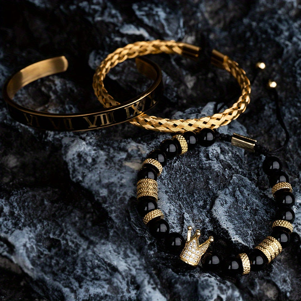 3pcs Roman Royal Crown Charm Men Bracelet, Stainless Steel Tiger's Eye Stone Geometry Open Adjustable Bracelets Couple Jewelry