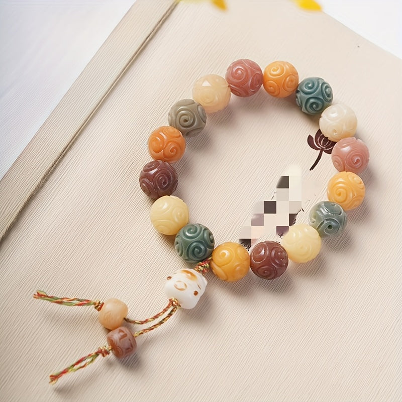 Elegant Bodhi Bead Bracelet with Intricate Carvings – Multicolor Buddhist Prayer Beads, Candy Cat Design, Ideal for Daily Wear, Beads for Bracelets