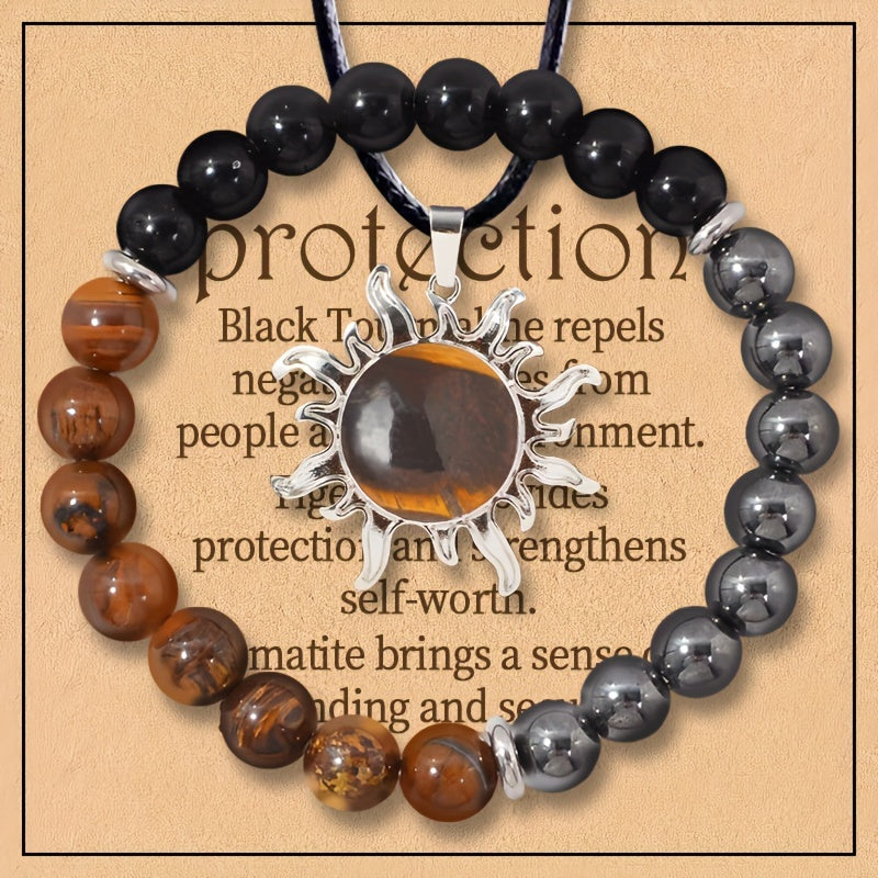 2-Piece Women's Vintage Luxury Jewelry Set - Natural Stone Protection Necklace with Black Tourmaline, Tiger Eye, and Obsidian - Energy Cleansing, Focus Enhancing, Suitable for Daily Wear and Gift-Giving