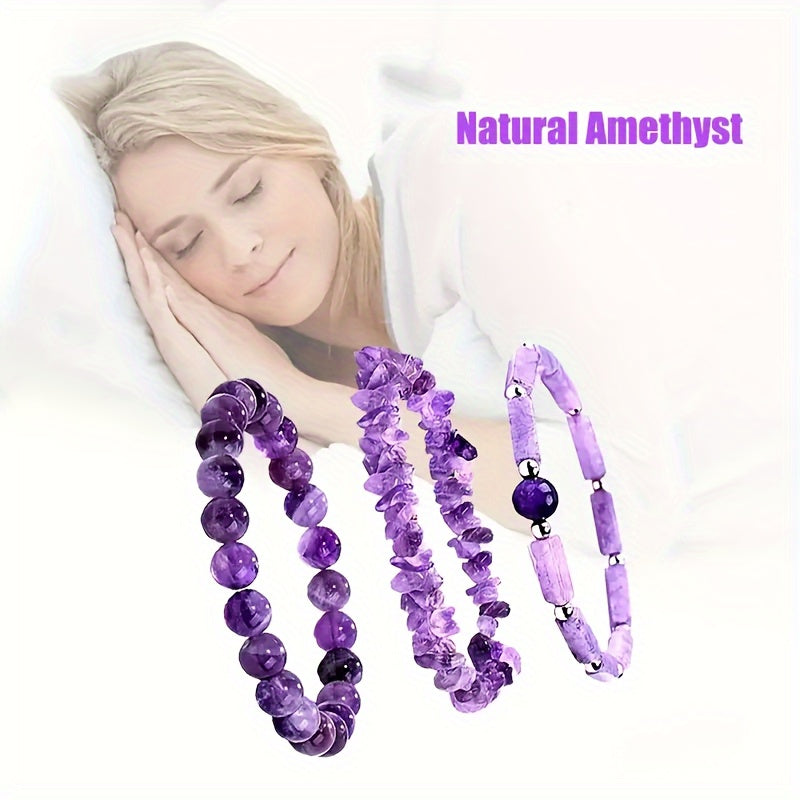 3-Piece Set Natural Amethyst Healing Crystal Bracelet Set, Energy Stone Women's Bangle, Holiday Gift For Girlfriend And Mom