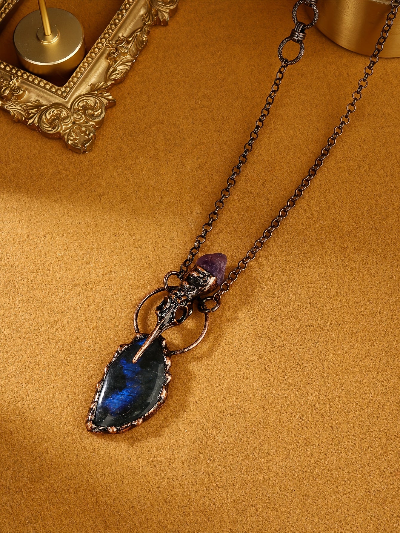 Natural Labradorite & Crow's Head Amethyst Raw Stone Pendant Necklace For Ladies Party Gifts