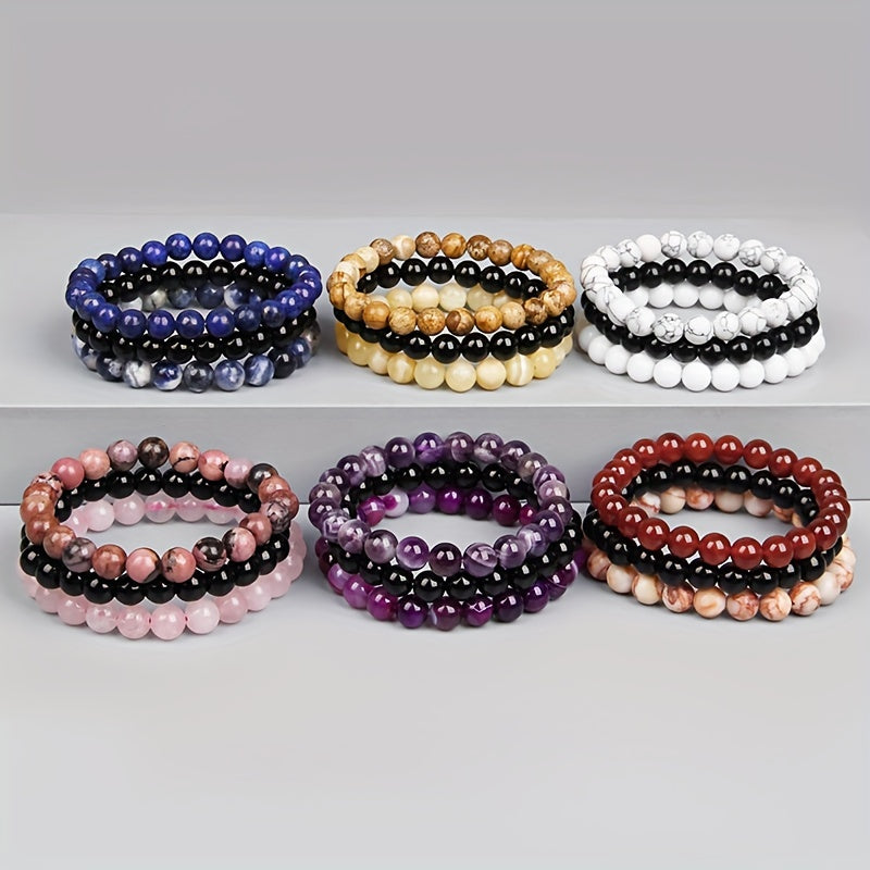 3pcs 8mm Natural Stone Beads Men's & Women's Bracelet: Rose Quartz & Agate Combination