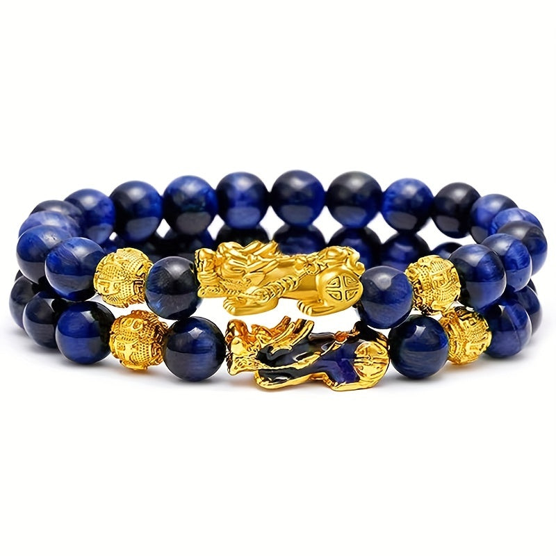 2pcs Good Luck Bracelets, Natural Tiger Eye Stone Pixiu Charm Bracelet, For Men