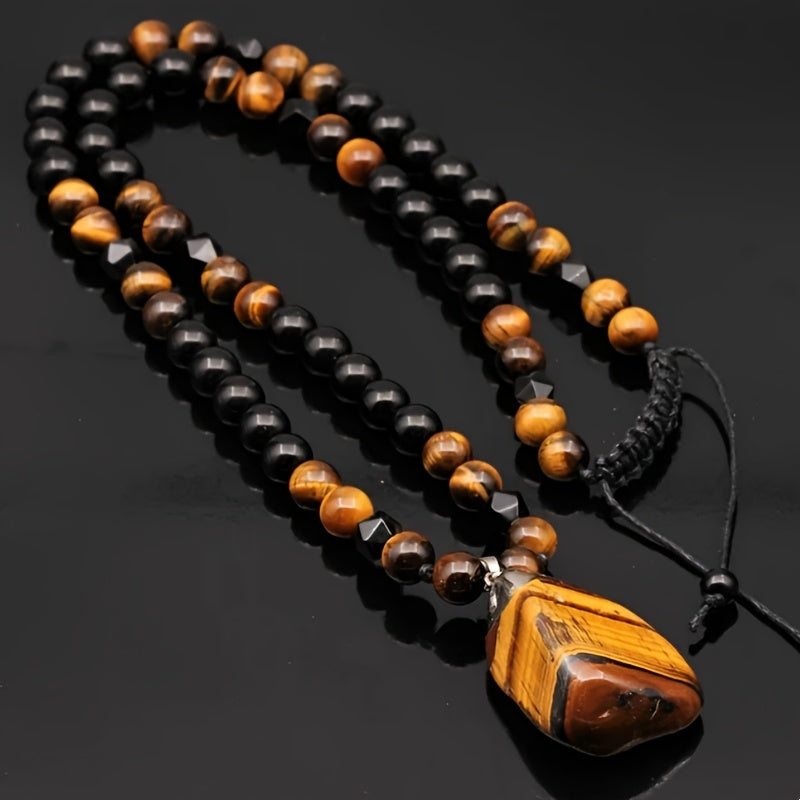 Men's 8mm Tiger Eye Stone Pendant Necklace - Adjustable Black Agate Beaded Long Chain, Unique Christmas Gift Idea
