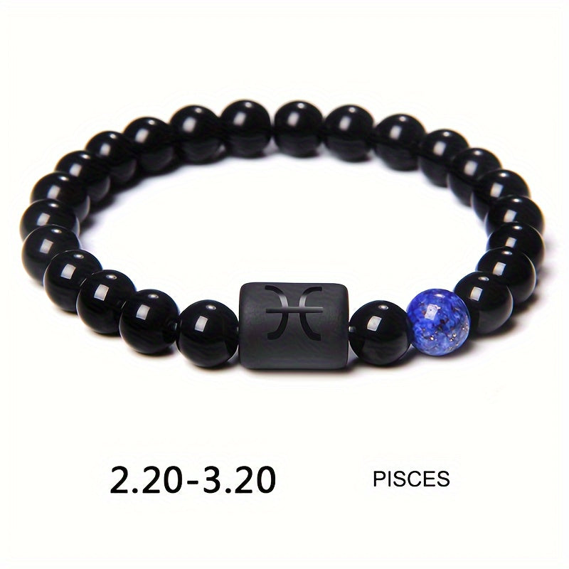 1pc Unisex 12 Constellation Signs Beads Bracelet, Black Stone Elastic Bracelet, Couples Bracelet, Charm Bracelet For Women Men Birthday Gift, Leo, Taurus, Capricorn, Libra Bracelet