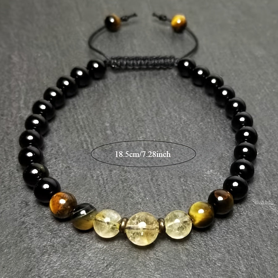 1pc Black Tourmaline Tiger Eye & Citrine Bracelet - 6mm Chakra Adjustable Wrist Jewelry For Men Women