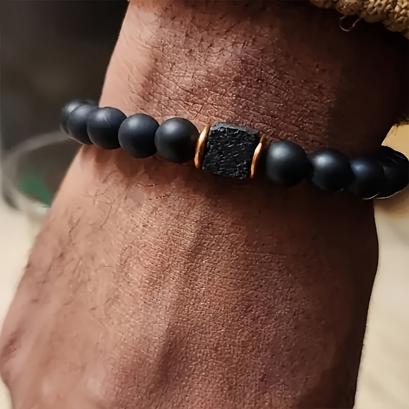 1pc Authentic Mens Volcanic Stone Bracelet - Porous Black Agate, Sleek & Stylish Jewelry For The Modern Gentleman