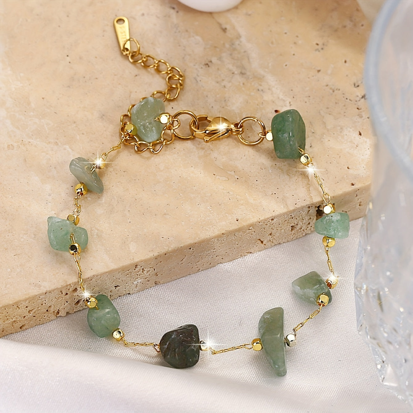 1 Bohemian Beach-Inspired Double-Layer Green Stone Bracelet - Vintage Luxury Stainless Steel with Irregular Beads, Adjustable Clasp - Ideal for Parties & Gifts, Beach Accessories
