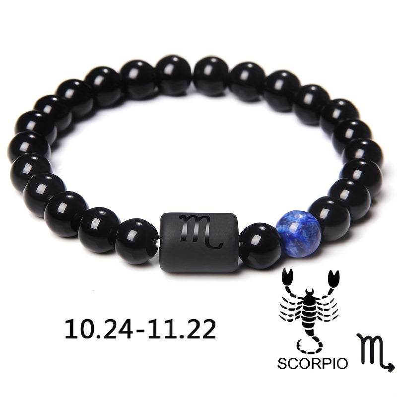 1pc Unisex 12 Constellation Signs Beads Bracelet, Black Stone Elastic Bracelet, Couples Bracelet, Charm Bracelet For Women Men Birthday Gift, Leo, Taurus, Capricorn, Libra Bracelet