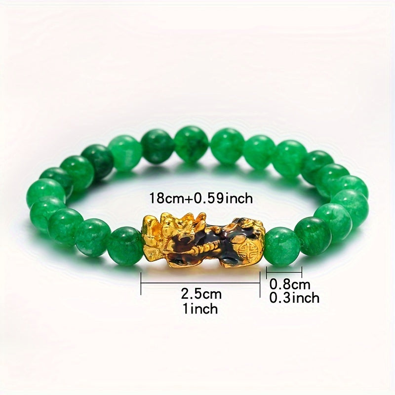 1pc Golden Pixiu Bracelet for Wealth and Luck - Unisex Malachite Stone Beads Wristband with Blessing Amulet and Jade Beads - Perfect Gift for Men and Women