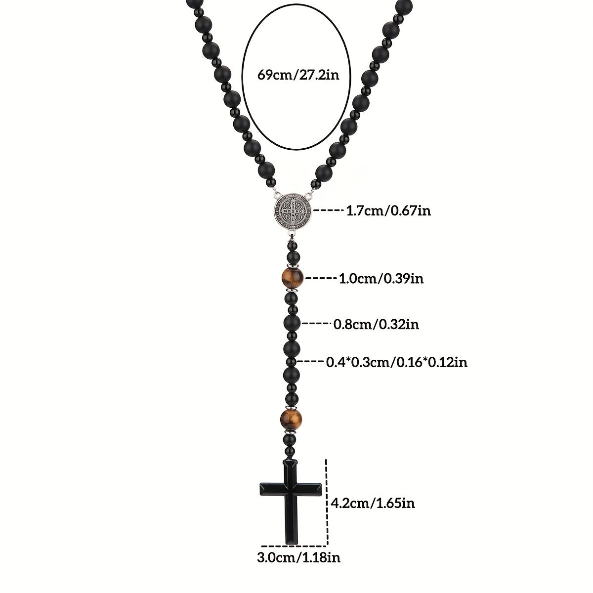 1pc Natural Volcanic Rock Black Agate & Tiger Eye Tag Cross Pendant Rosary Necklace for Men & Women