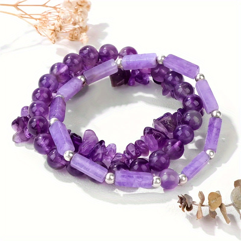 3-Piece Set Natural Amethyst Healing Crystal Bracelet Set, Energy Stone Women's Bangle, Holiday Gift For Girlfriend And Mom
