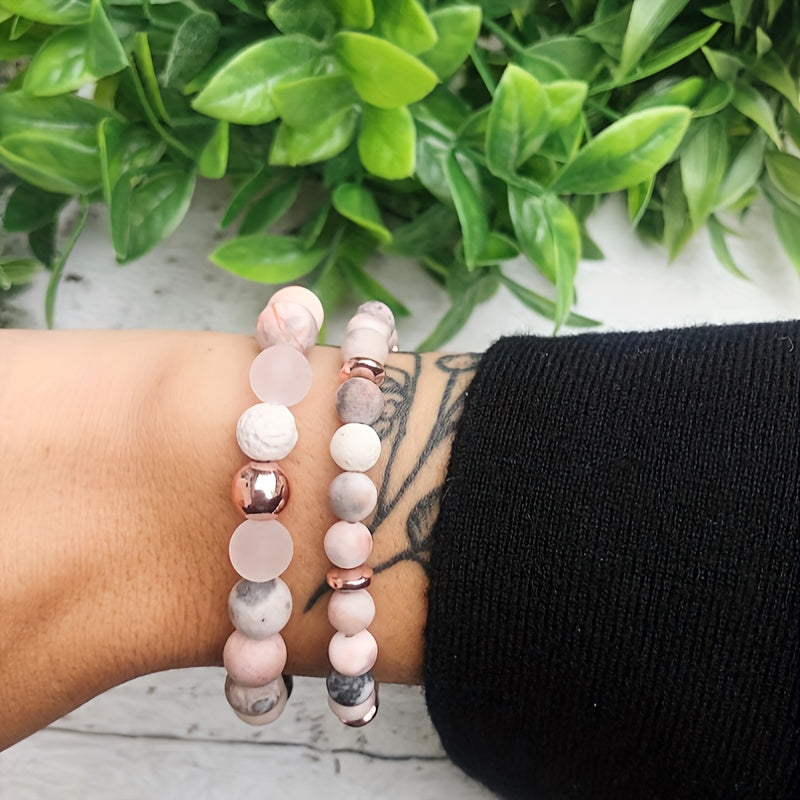 1pc Charm Jasper And Rose Gemstone Beaded Bracelet, Rose Quartz Crystal Jewelry Bracelets For Men Women Essential Oil Diffuser Bracelet