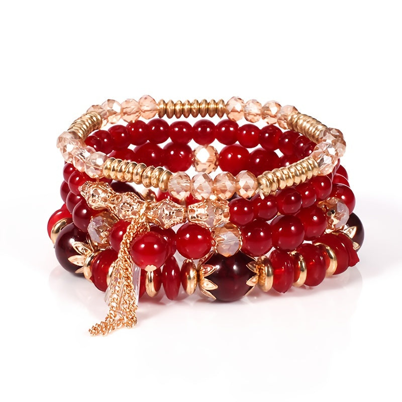 4pcs Chic Boho-Inspired Bracelet Set - Colorful Faux Agate & Glass Crystal, Chain Tassel Detail - Perfect Gift for Fashion Enthusiasts