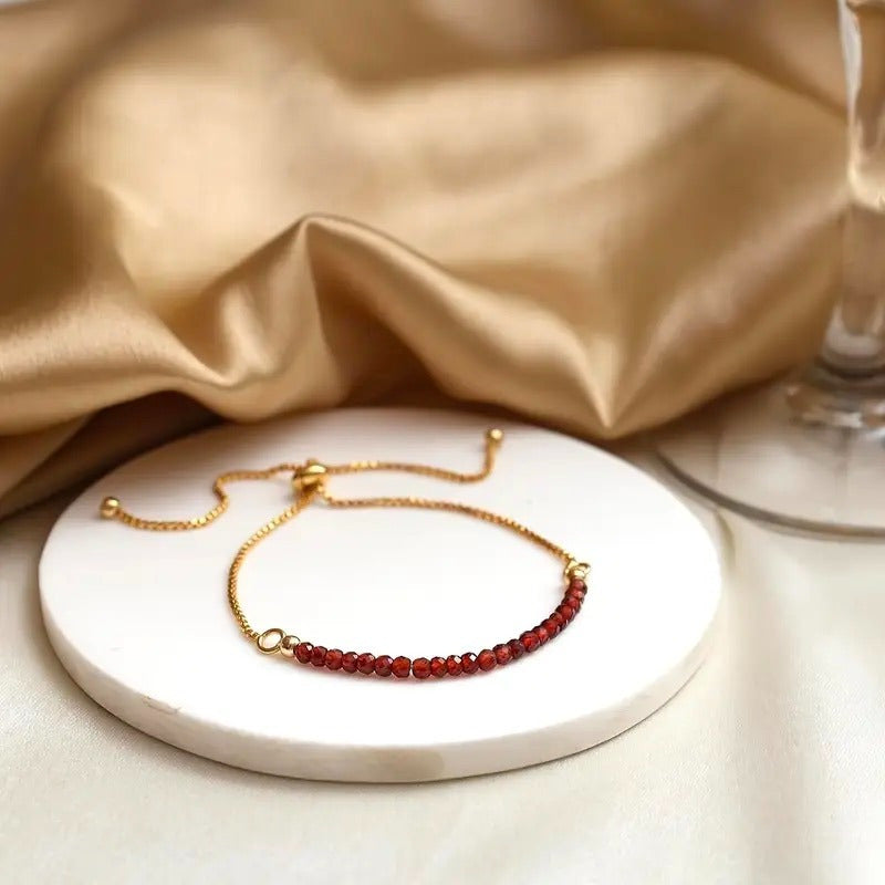 January Birthstone Bracelet for Women – Red Garnet Beaded Bolo Bracelet (6-9 inches Adjustable Length)