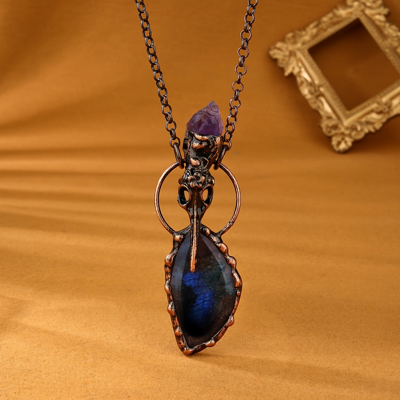 Natural Labradorite & Crow's Head Amethyst Raw Stone Pendant Necklace For Ladies Party Gifts